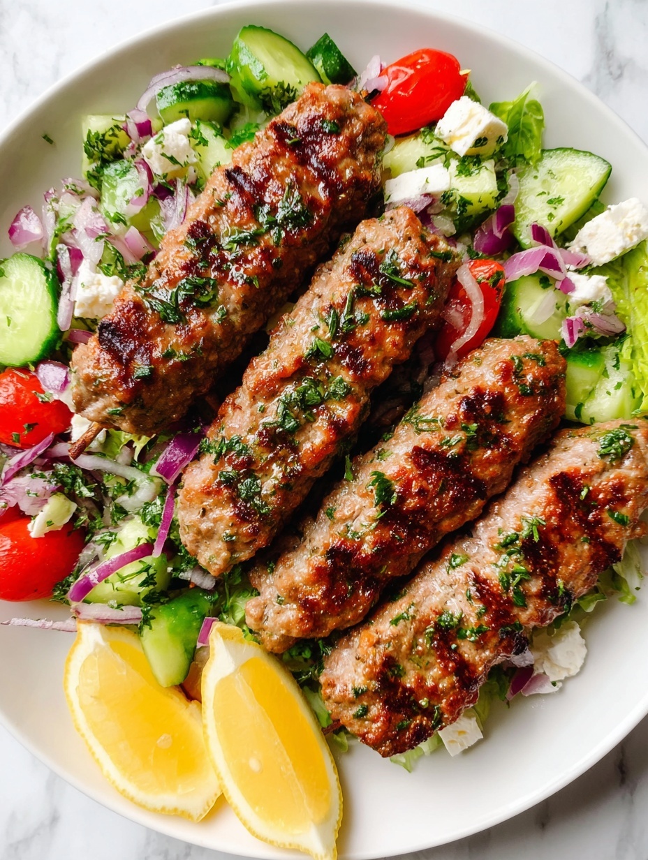 The image shows four skewers of grilled meat, each with a browned and slightly charred texture, placed on top of a fresh salad. The salad consists of sliced green cucumbers, halved red cherry tomatoes, small white chunks of cheese, and bits of purple onion, all mixed and sprinkled with chopped green herbs. To the right side of the plate, there are two bright yellow lemon wedges. The food is served on a white plate resting on a white marbled surface. photo taken with an iphone --ar 2:3 --v 7