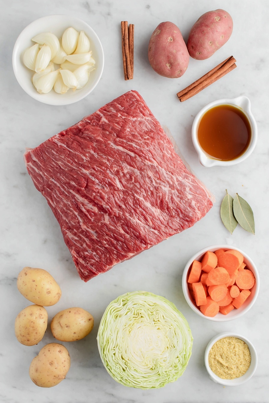 Flat lay of fresh corned beef brisket with a natural marbled texture, two cinnamon sticks, four thinly sliced garlic cloves arranged neatly, two whole glossy bay leaves, one whole dried ancho chili pepper, halved small red potatoes showing vibrant red skin and creamy interiors, three large peeled carrots cut into thick 3-inch pieces, wedges of a small green cabbage showing crisp leaves, and a small white ceramic bowl filled with whole grain mustard placed in perfect symmetry, all ingredients fresh and natural, placed on a clean white marble surface, soft natural light, photo taken with an iPhone, professional food photography style, fresh ingredients, white ceramic bowls, no bottles, no duplicates, no utensils, no packaging --ar 2:3 --v 7 --p m7354615311229779997