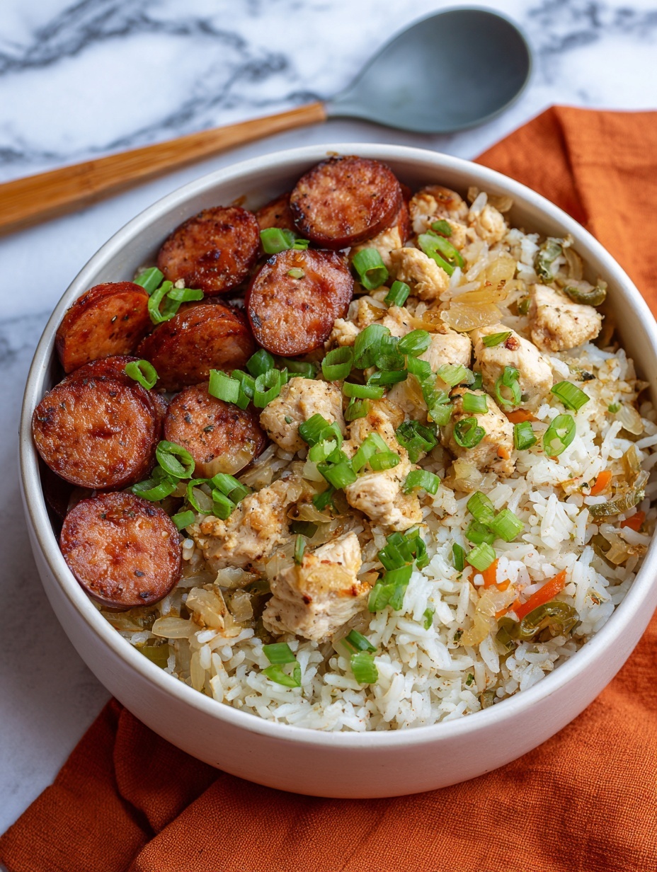 A white bowl filled with a mix of cooked rice, sliced sausage with a reddish-brown surface, shredded pieces of light brown meat, chopped tomatoes in red chunks, and small green pepper pieces. The dish is garnished with thinly sliced green onions spread on top. The bowl sits on a white marbled surface next to a spoon resting on a folded reddish-brown cloth. Photo taken with an iphone --ar 2:3 --v 7