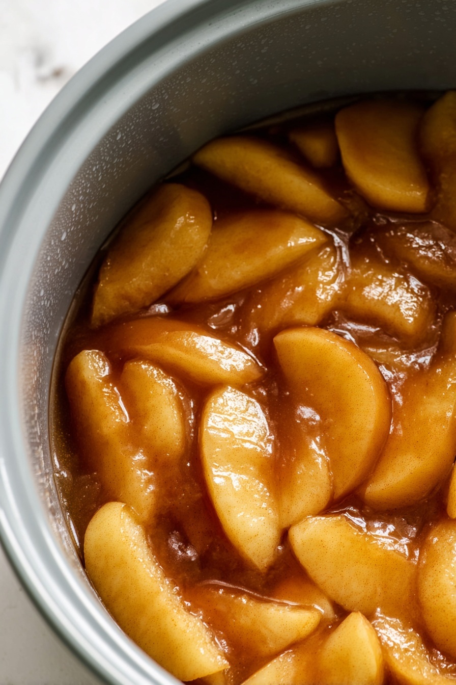 The image shows a close-up view of a gray cooking pot filled with apple slices coated in a thick, shiny caramel-colored sauce. The apple slices are soft and light yellow, arranged in a single layer at the bottom of the pot, partially submerged in the sauce that has a smooth, glossy texture with visible cinnamon specks. The pot's inner surface has small water droplets on it, indicating steam or heat. The scene is set on a white marbled texture surface. photo taken with an iphone --ar 2:3 --v 7