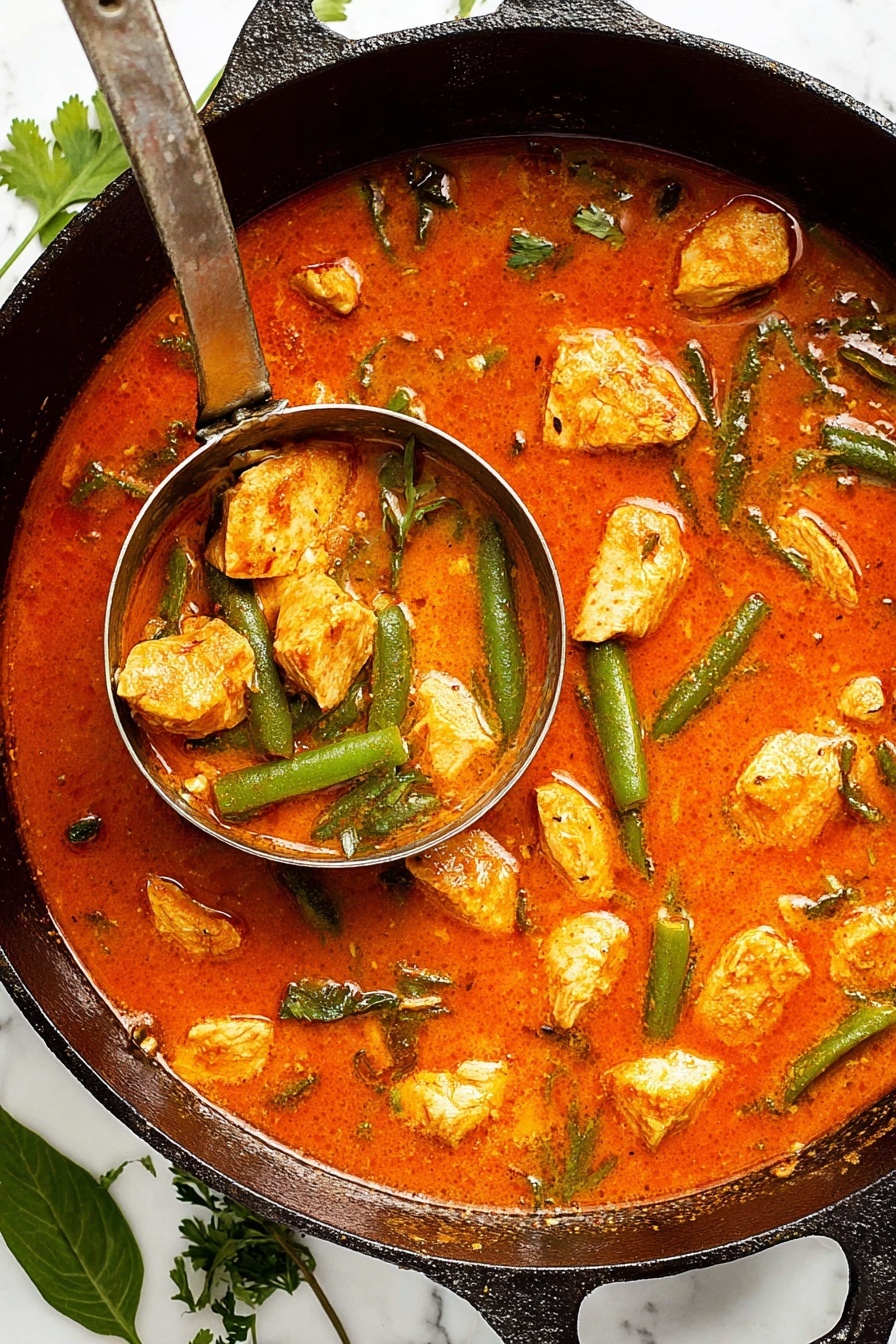 A close-up view of a black cast iron pan filled with bright orange-red sauce covered with chunks of light golden cooked chicken and green snap peas scattered around. A silver spoon is scooping some chicken pieces and sauce near the top right. Small flecks of green herbs sprinkle lightly over everything. The pan sits on a white marbled surface with a few small bits of herbs scattered around. The sauce looks smooth and slightly shiny with a rich texture. Photo taken with an iphone --ar 2:3 --v 7