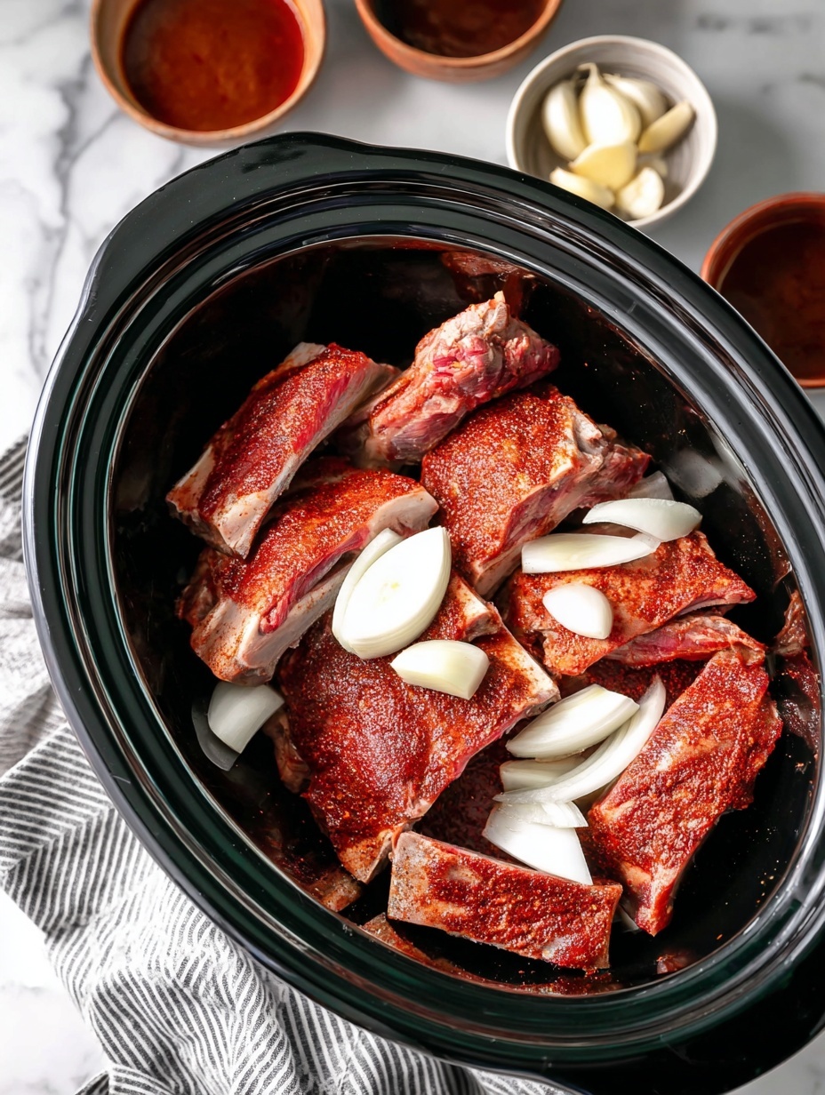 Inside a black slow cooker, there are three thick pieces of raw pork ribs stacked with a reddish-brown spice rub on them. Scattered over the ribs are pale white onion slices and small garlic pieces. The background is a white marbled surface with a small clear bowl of dark brown sauce mixed with red sauce at the top left and a few loose white garlic cloves on a small white plate. A striped white and gray cloth is on the right edge. Photo taken with an iphone --ar 2:3 --v 7