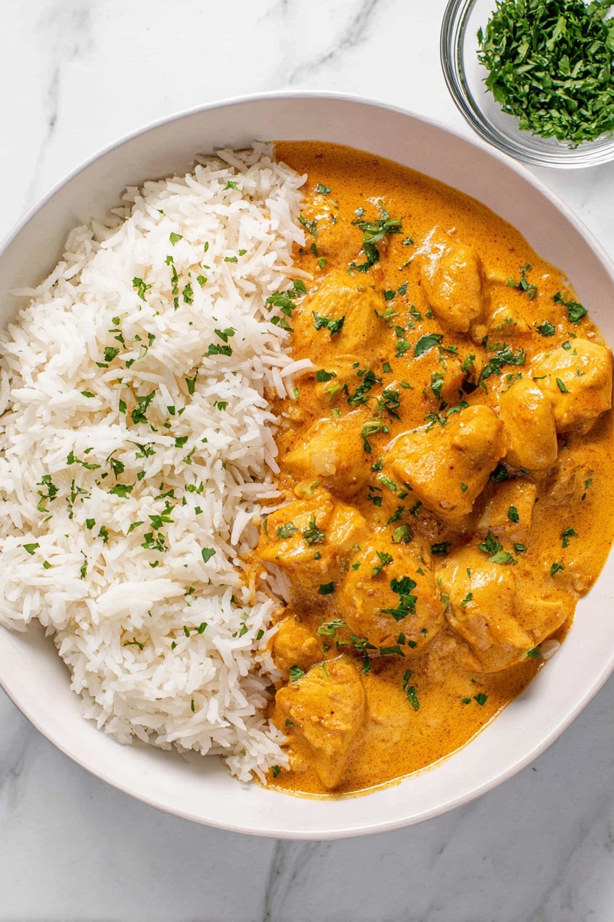 A white bowl holds two layers side by side: on the left, there is a layer of white rice with a fluffy texture and a few green herb leaves scattered on top; on the right, chunks of orange-colored chicken in a creamy sauce cover the surface, with fresh green herbs sprinkled over them, and the sauce pools slightly at the bottom right part of the bowl. The bowl rests on a white marbled surface with a blurred small glass bowl of green herbs seen near the top right corner. Photo taken with an iphone --ar 2:3 --v 7