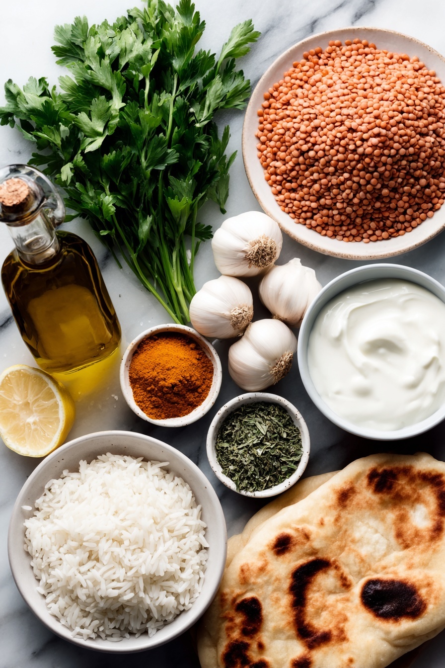 Flat lay of a small white ceramic bowl of golden olive oil, six whole uncracked garlic cloves, a small mound of freshly grated ginger root, small white ceramic bowls holding bright yellow ground turmeric, warm brown ground cumin, earthy ground coriander, and vibrant red cayenne pepper, a small white bowl filled with coarse salt crystals, a handful of dried brown lentils, a simple white ceramic dish with vibrant crushed tomatoes, a small white bowl with creamy full fat coconut milk, a small white bowl of fresh lemon juice, a small bunch of bright green chopped cilantro, a neat mound of fluffy cooked basmati rice, and two pieces of soft vegan naan bread, arranged with perfect symmetry and balanced proportions, placed on a clean white marble surface, soft natural light, photo taken with an iPhone, professional food photography style, fresh ingredients, white ceramic bowls, no bottles, no duplicates, no utensils, no packaging --ar 2:3 --v 7 --p m7354615311229779997