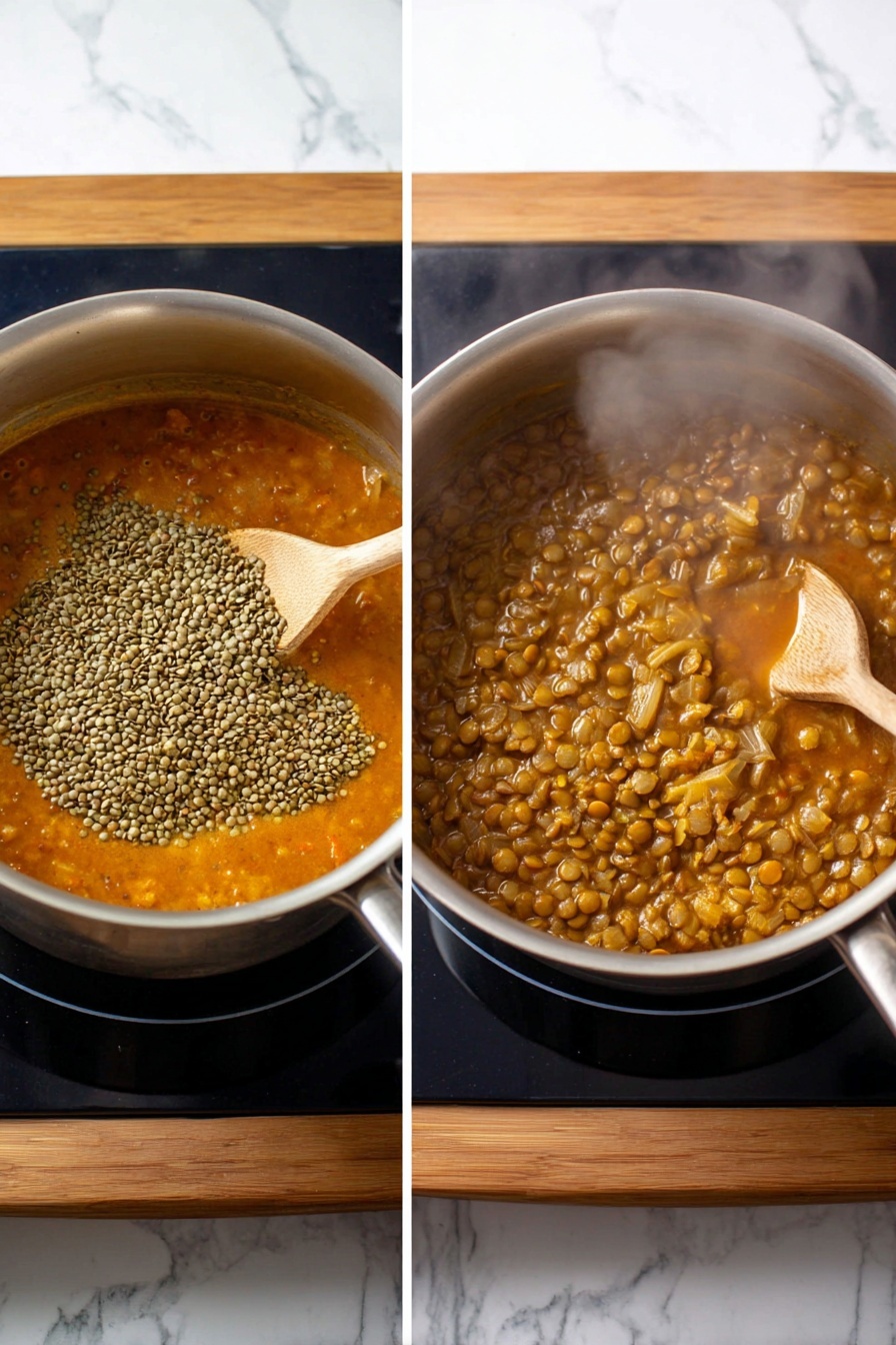 The image shows two side-by-side photos of a cooking pot on a black electric stove with a wooden table and white marbled background visible. On the left, the pot contains a liquid curry base of orange-brown color with a heap of green lentils added on top; a light wooden spoon rests inside the pot at the bottom left. On the right, the lentils have been mixed and cooked down, forming a thick, textured stew with shades of orange and brown, lightly steaming. The pot itself is silver with a smooth metal texture and shiny surface. Photo taken with an iphone --ar 2:3 --v 7