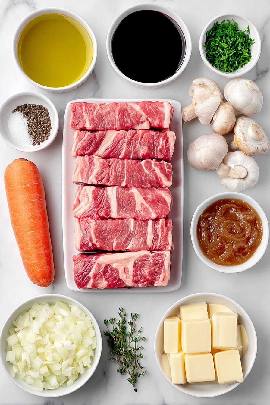 Flat lay of a chunk of raw beef brisket cut into 2-inch cubes, roughly chopped strips of fresh bacon, a large sliced carrot with vibrant orange color, a large diced white onion, six whole garlic cloves unpeeled, a pinch of coarse salt and ground pepper sprinkled naturally, a small mound of white flour on a simple white ceramic plate, a dozen small fresh pearl onions, a small white ceramic bowl filled with deep red wine, another small white ceramic bowl holding rich brown beef stock, a small white ceramic bowl with thick red tomato paste, a crushed beef bouillon cube, fresh thyme sprigs, fresh parsley leaves, two fresh green bay leaves, a cluster of quartered white and brown mushrooms, a small white ceramic bowl with creamy yellow butter cubes, and a small white ceramic bowl containing golden extra-virgin olive oil all arranged symmetrically on a clean white marble surface, soft natural light, photo taken with an iPhone, professional food photography style, fresh ingredients, white ceramic bowls, no bottles, no duplicates, no utensils, no packaging --ar 2:3 --v 7 --p m7354615311229779997