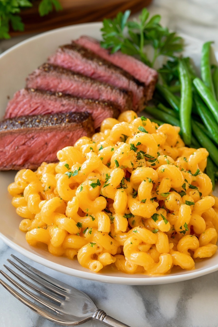 A white plate holds three parts: in the foreground, bright yellow mac and cheese made of curly pasta coated in smooth cheese sauce with small green herb bits sprinkled on top; behind it, several slices of medium-rare steak with a pink center and a browned outer edge, garnished lightly with herbs; on the right side, a small bunch of fresh green beans and a sprig of leafy green parsley for garnish. The plate is on a white marbled surface with a silver fork visible at the lower left side of the image. Photo taken with an iphone --ar 2:3 --v 7