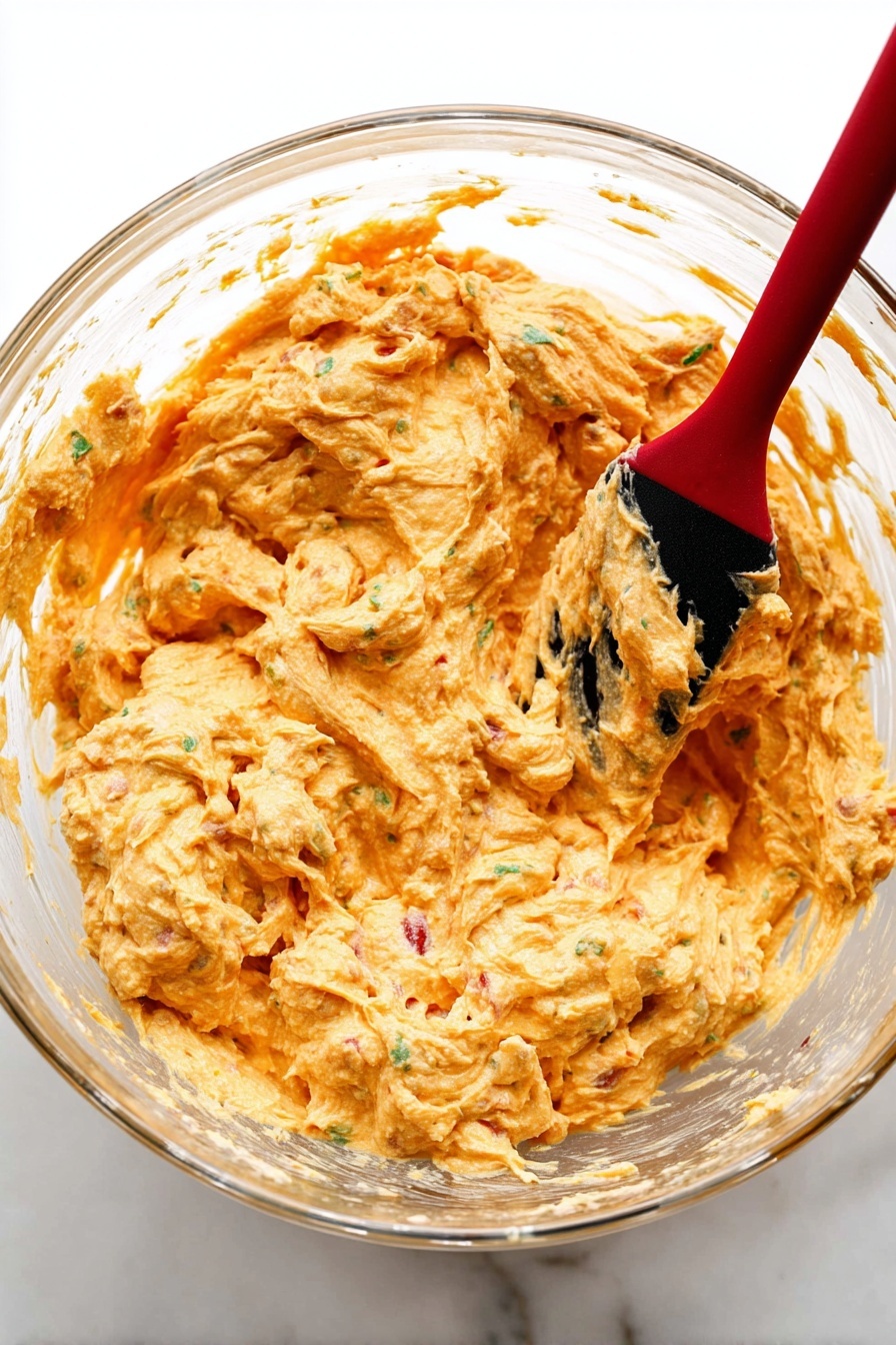 A woman's hand is holding a round cracker topped with a creamy, chunky dip that has a soft orange sauce drizzled over it. The dip looks thick and mixed with small green pieces, likely herbs or vegetables. The background shows a white dish filled with more of the same dip, slightly blurred, placed on a white marbled surface. The overall feel is warm and inviting with a focus on the single cracker in the foreground. photo taken with an iphone --ar 2:3 --v 7
