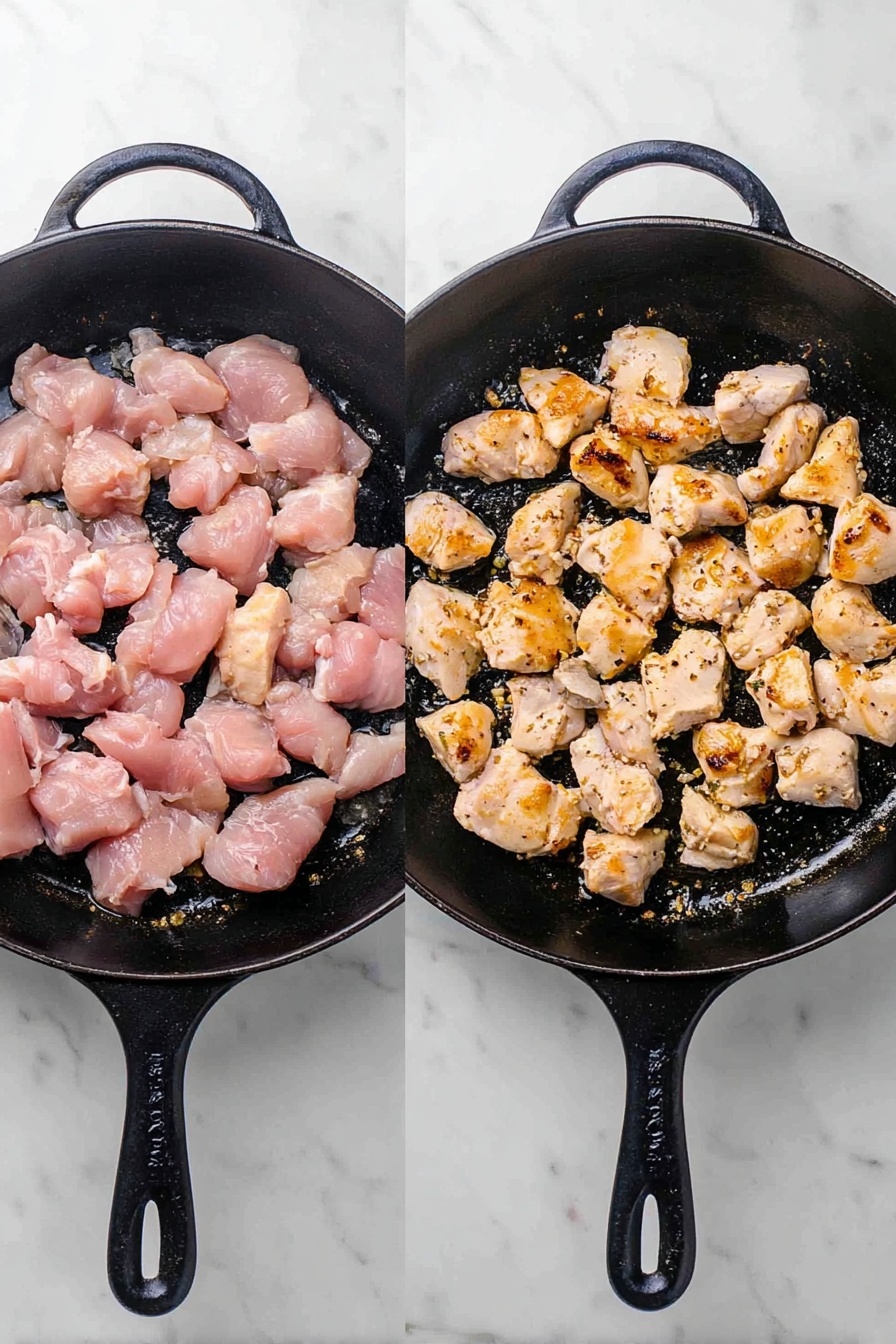 The image shows two side-by-side views of a black cast iron pan on a white marbled surface. On the left side, the pan holds many small light pink raw chicken pieces spread evenly over a small layer of crushed garlic at the bottom. On the right side, the same chicken pieces are cooked to a light brown color with some golden spots, and the crushed garlic is slightly browned around the edges, all still in the same pan. Photo taken with an iphone --ar 2:3 --v 7