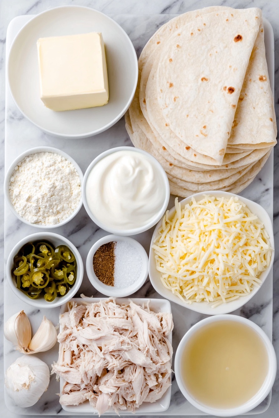 Flat lay of a small chunk of butter, a small white ceramic bowl of all-purpose flour, two whole cloves of garlic, a small white ceramic bowl of chicken broth, a small white ceramic bowl of sour cream, a small white ceramic bowl with chopped pickled jalapenos, a small white ceramic bowl with pickled jalapeno juice, a small white ceramic bowl of ground cumin, a small white ceramic bowl of kosher salt, a small white ceramic bowl of ground black pepper, a simple white ceramic plate with cooked and shredded chicken, a neat stack of twelve 6-inch corn tortillas, a small white ceramic bowl of shredded Monterey Jack cheese, and a small white ceramic bowl of shredded Cheddar cheese placed on a clean white marble surface, soft natural light, photo taken with an iPhone, professional food photography style, fresh ingredients, white ceramic bowls, no bottles, no duplicates, no utensils, no packaging --ar 2:3 --v 7 --p m7354615311229779997