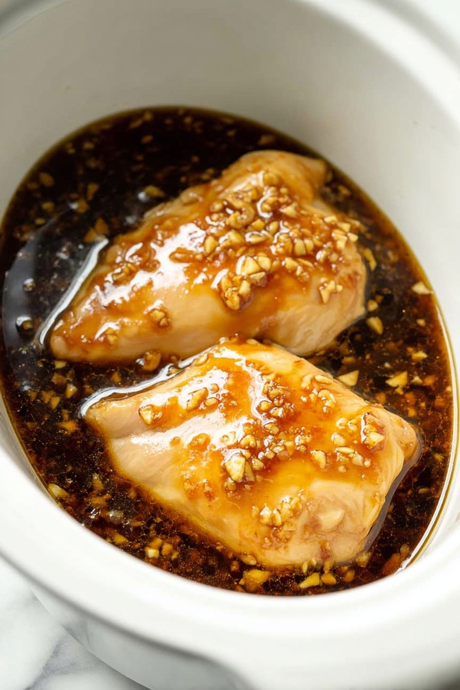 Inside a white crockpot, there are two large pale pink chicken pieces sitting in a dark brown sauce. The sauce has many small bits of chopped garlic spread over the chicken. The chicken is smooth and shiny from the sauce, which covers the top and edges of each piece. The background shows the crockpot rim with a white marbled texture around it. photo taken with an iphone --ar 2:3 --v 7