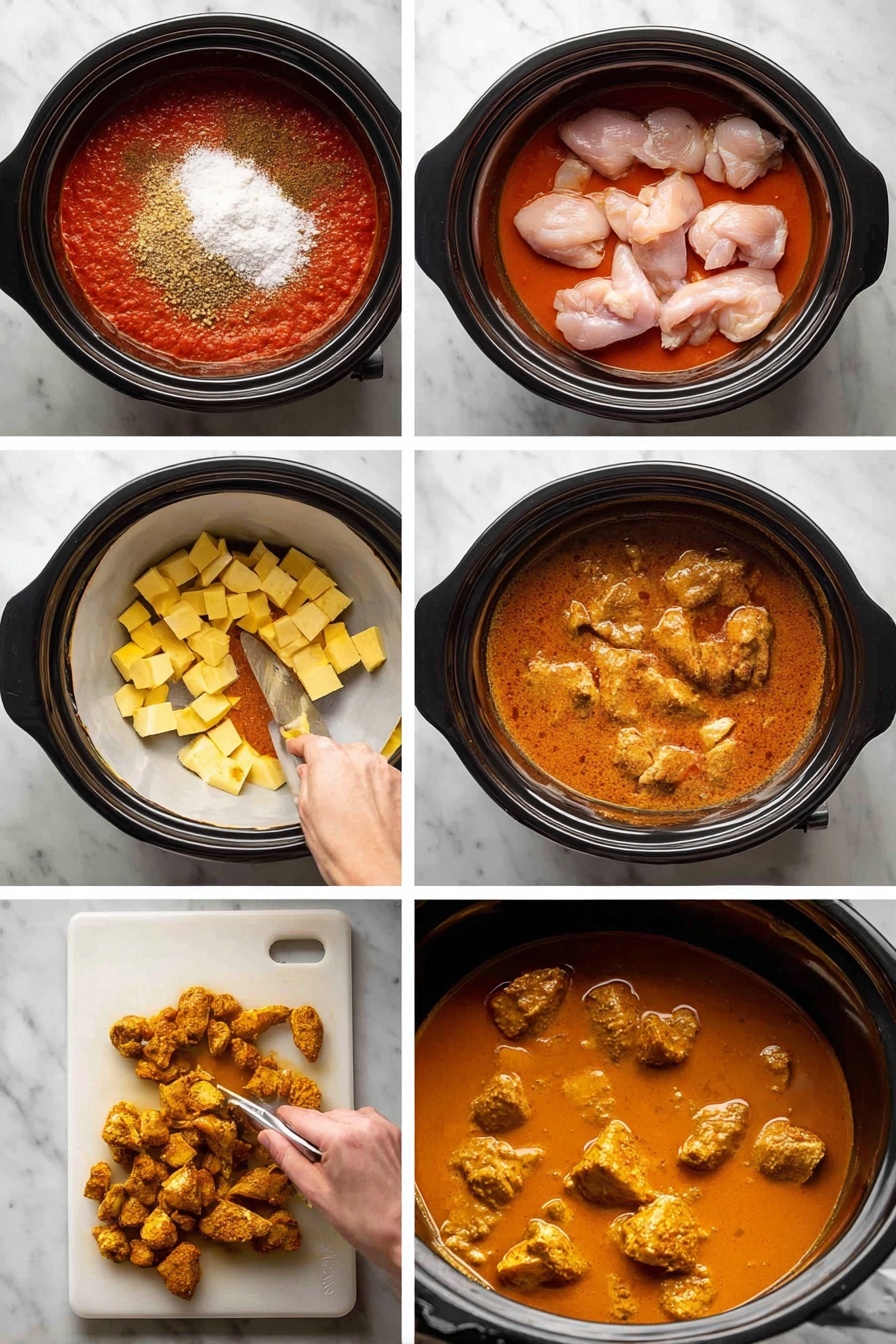 A black slow cooker shown in six steps: first, a thick red sauce with white and brown spices and minced bits is at the bottom; second, raw light pink chicken pieces lay on top of the sauce; third, small yellow cubes are scattered over the chicken and sauce; fourth, the sauce bubbles with oil forming a shiny layer; fifth, a white marbled board has cooked reddish-brown chicken being cut into small pieces by a woman's hand holding a knife; finally, the slow cooker contains a creamy orange sauce with tender chicken chunks and a black ladle inside. photo taken with an iphone --ar 2:3 --v 7