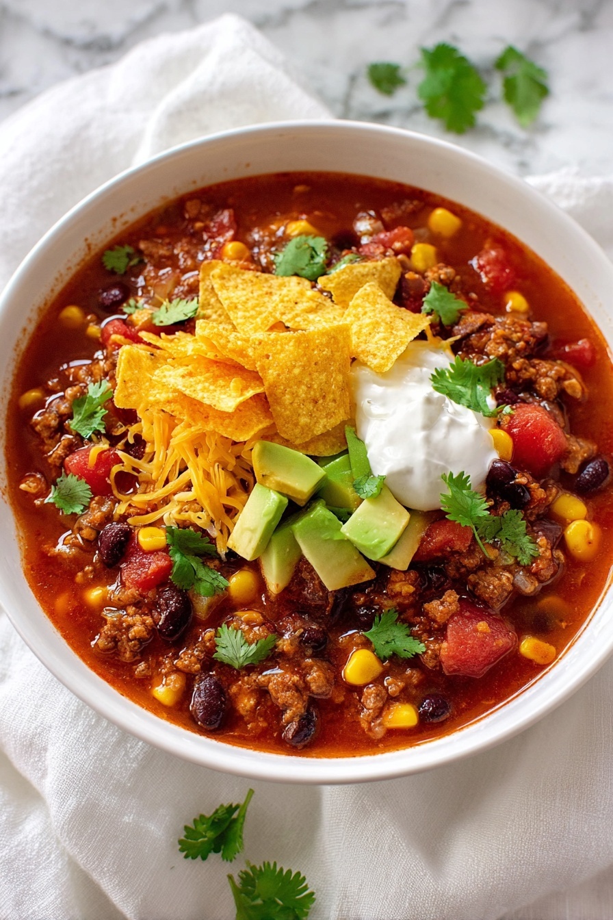 This dish is a bowl with multiple layers, starting with a base of red chili soup that has visible chunks of red tomatoes, yellow corn, black beans, and small bits of brown meat. On top, there is a layer of shredded orange cheese, followed by a dollop of white sour cream with green chopped avocado and fresh green cilantro leaves scattered around. Some golden yellow corn chips are placed near the center, adding a crunchy texture. The bowl is white with a textured rim, set on a white marbled surface with a soft white cloth near it. Photo taken with an iphone --ar 2:3 --v 7