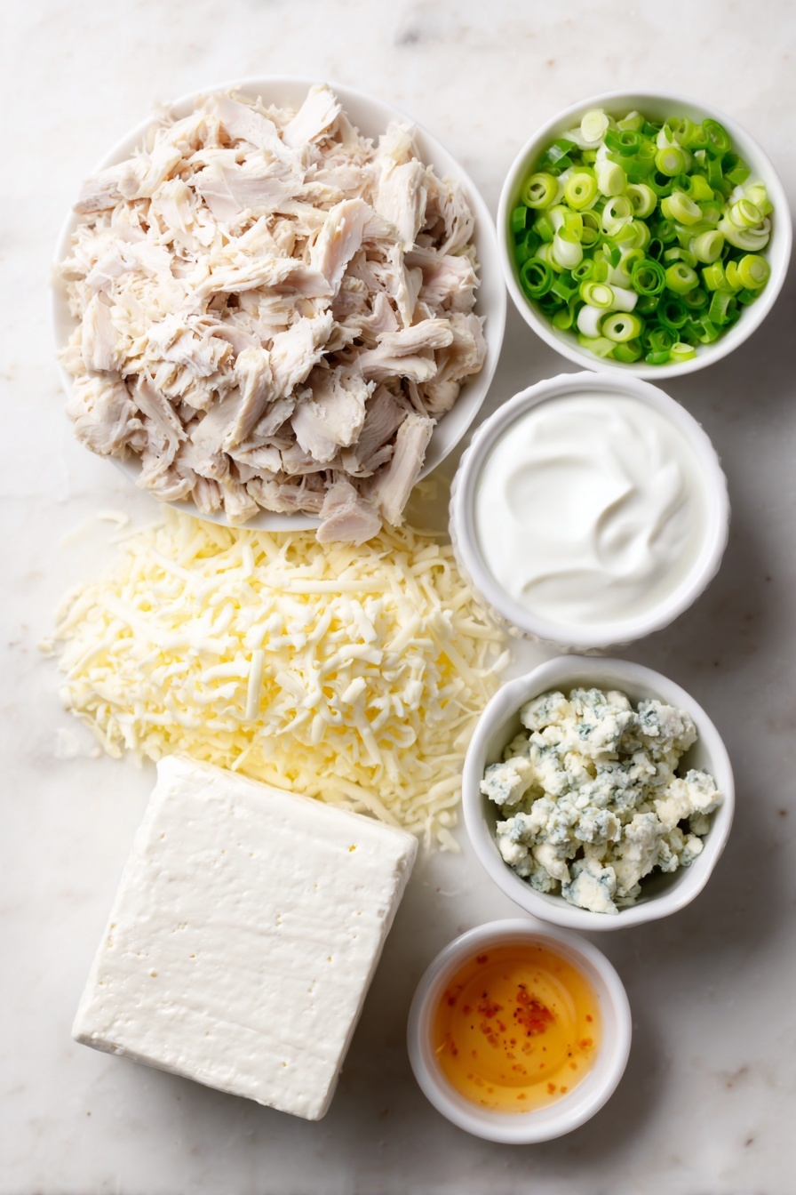 Flat lay of shredded cooked chicken piled loosely, a block of cream cheese cut into neat 1-inch cubes, a small heap of shredded part-skim mozzarella cheese, a small white bowl filled with thick plain Greek yogurt, a small white bowl containing vibrant red hot sauce, crumbled blue cheese scattered in a small white bowl, and a small bunch of thinly sliced green onions arranged neatly, all presented on simple white ceramic bowls and plates, perfectly balanced and symmetrical, placed on a clean white marble surface, soft natural light, photo taken with an iPhone, professional food photography style, fresh ingredients, white ceramic bowls, no bottles, no duplicates, no utensils, no packaging --ar 2:3 --v 7 --p m7354615311229779997