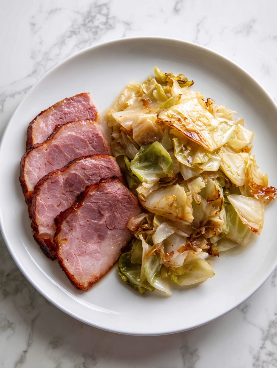 A white plate with blue floral patterns on the edges holds two main layers: on the left, there are three thick slices of cooked meat with a crispy, golden-brown outer layer and a pinkish interior; on the right, a pile of cooked cabbage pieces with light yellow and pale green colors, some parts browned and glossy from cooking. The plate is placed on a white marbled surface. photo taken with an iphone --ar 2:3 --v 7