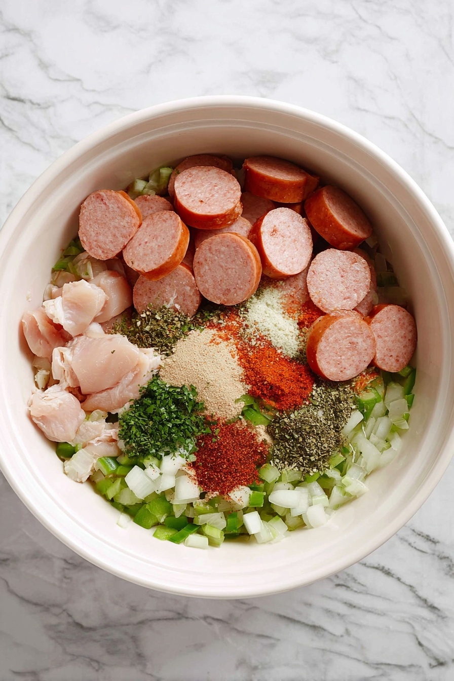 In a large white oval bowl on a white marbled surface, there are several ingredient layers visible. The bottom layer consists of finely chopped green bell peppers and white onions spread evenly around the bowl. On top of these, raw chunks of light pink chicken pieces are placed to one side, while sliced round pieces of smoked sausage with a pink interior and darker brown edges cover a large part of the middle. Next to the sausage, a mix of dry spices in red, brown, and green colors is piled neatly. The colors are natural and fresh, and the textures vary from smooth sausages, rough chopped vegetables, to coarse spices, all arranged in clear sections within the bowl, photo taken with an iphone --ar 2:3 --v 7