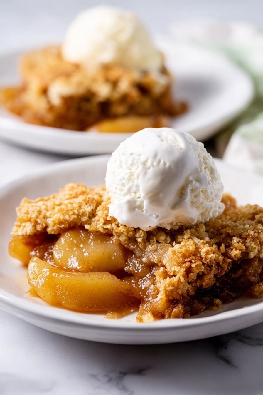 The image shows a white plate with two layers of fried patties that are golden-brown and crispy, placed side by side. Next to the patties, there is a portion of warm cooked apples that are soft and light brown with a slight shine. On top of one of the patties, there is a smooth, round scoop of white ice cream with a creamy texture. In the background, another white plate with the same food is slightly out of focus, all placed on a white marbled surface. Photo taken with an iphone --ar 2:3 --v 7