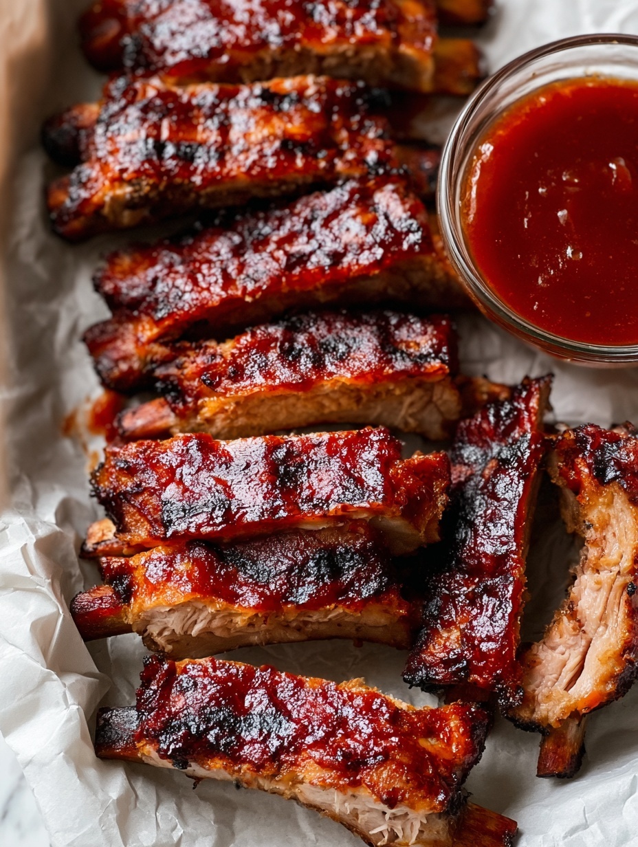 This image shows many pieces of grilled ribs stacked closely together in a white container lined with parchment paper. The ribs have a rich, dark brown color with charred edges, showing a sticky, shiny glaze that catches the light, making them look moist and flavorful. The inside of the ribs is lighter in color, indicating tenderness. To the right side of the ribs, there is a small glass cup filled with a thick, deep red barbecue sauce. The container is placed on a white marbled surface, enhancing the warm tones of the ribs and sauce. photo taken with an iphone --ar 2:3 --v 7
