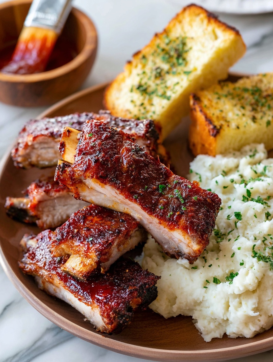 The image shows a white plate with three main parts on a white marbled surface. On the left side, there are five ribs stacked in a slightly chaotic way, with a reddish-brown grilled look, showing dark char marks and a shiny cooked texture. The ribs have a shiny sauce glaze that looks sticky and thick. To the right of the ribs, there is a generous serving of creamy mashed potatoes with a smooth texture and small green herb pieces sprinkled on top. At the bottom right edge of the plate, a slice of garlic bread lies flat, showing a golden-brown top with green parsley bits scattered, and the soft inside visible. In the background, a glass bowl with red barbecue sauce is partly shown, along with a small brush dipped in the sauce. Photo taken with an iphone --ar 2:3 --v 7