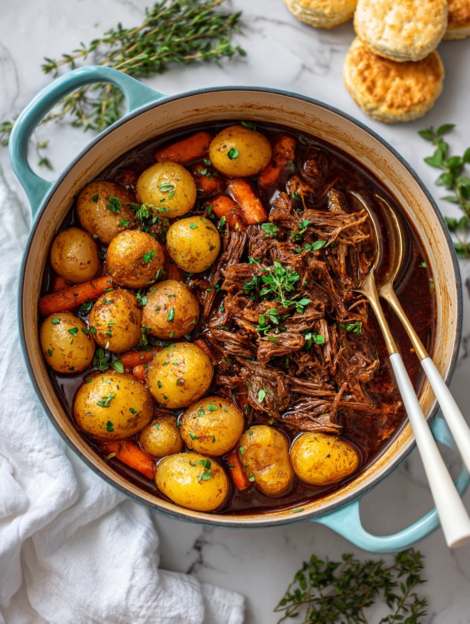 A light blue pot sits on a white marbled surface with a white cloth beneath it, filled with a stew made of shredded brown meat in the center surrounded by small whole round golden potatoes and large orange carrot segments. The pot has two white-handled spoons resting inside with their handles leaning on the rim. There is a sprig of green herb on top of the carrots, and in the background, there are some biscuit-like breads on the white marbled surface. Photo taken with an iphone --ar 2:3 --v 7