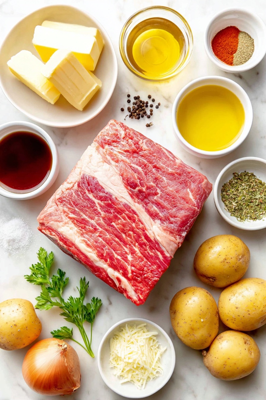 Flat lay of a fresh, uncut chuck roast, a few whole brown baby potatoes cut in half, several bright orange carrots cut into sticks, a large yellow onion cut into thick wedges, a small bunch of fresh green parsley, a small pile of pale grated Parmesan cheese, two whole uncracked brown eggs, a few dried bay leaves, a small white ceramic bowl of golden avocado oil, a small white ceramic bowl with melted butter, a small white ceramic bowl of deep red wine vinegar, a small white ceramic bowl with rich dark beef broth, a few sprigs of dried basil, thyme, and paprika powder sprinkled neatly on the surface, all arranged symmetrically and balanced on a clean white marble surface, soft natural light, photo taken with an iPhone, professional food photography style, fresh ingredients, white ceramic bowls, no bottles, no duplicates, no utensils, no packaging --ar 2:3 --v 7 --p m7354615311229779997