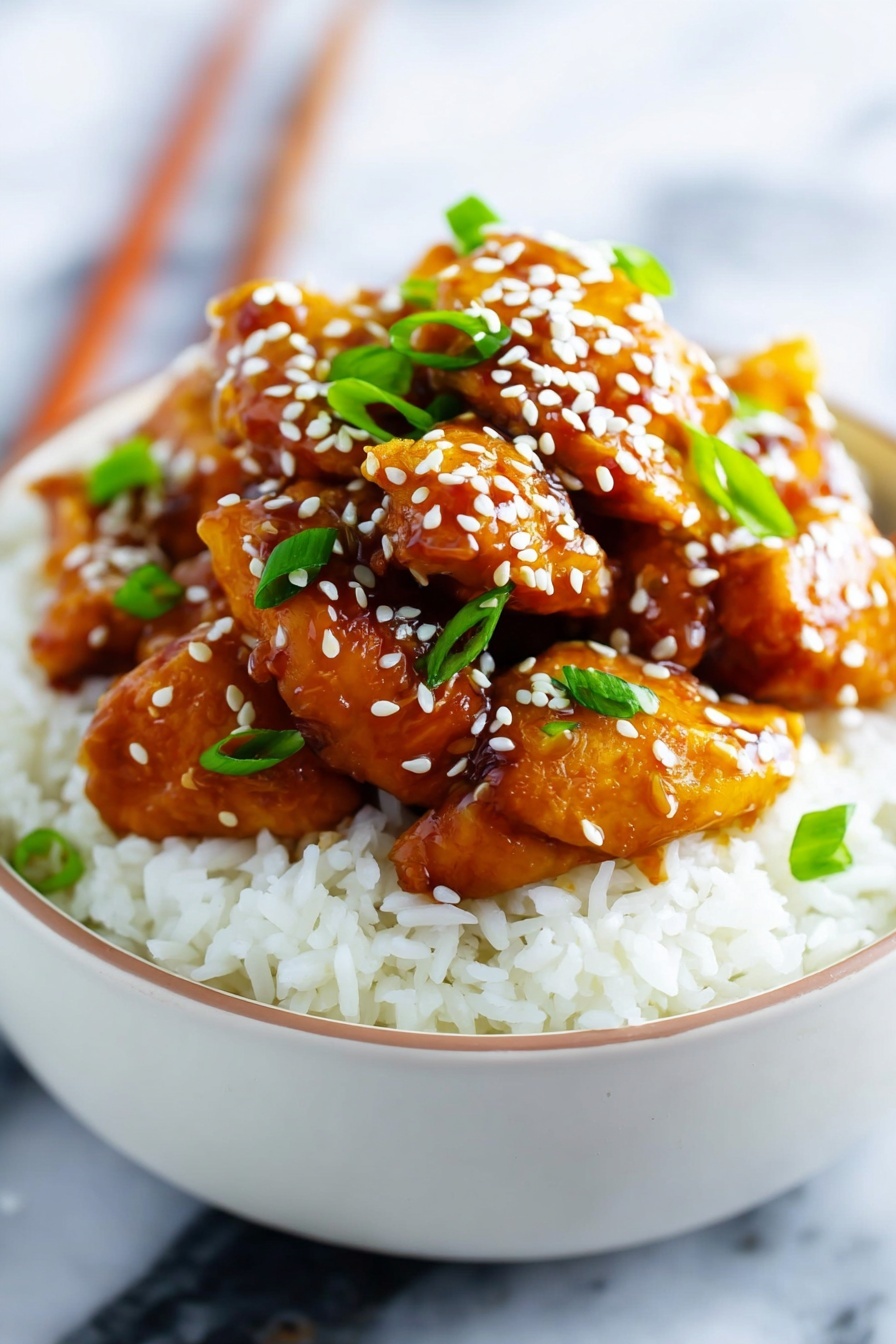 A bowl with a white marbled texture is filled with two layers: the bottom is a fluffy bed of white rice, and the top layer is a pile of glossy, golden-brown chicken pieces coated in a shiny sauce. The chicken is sprinkled with small white sesame seeds and bright green chopped scallions. The background shows a blurred pair of chopsticks resting on the white marbled surface. Photo taken with an iphone --ar 2:3 --v 7