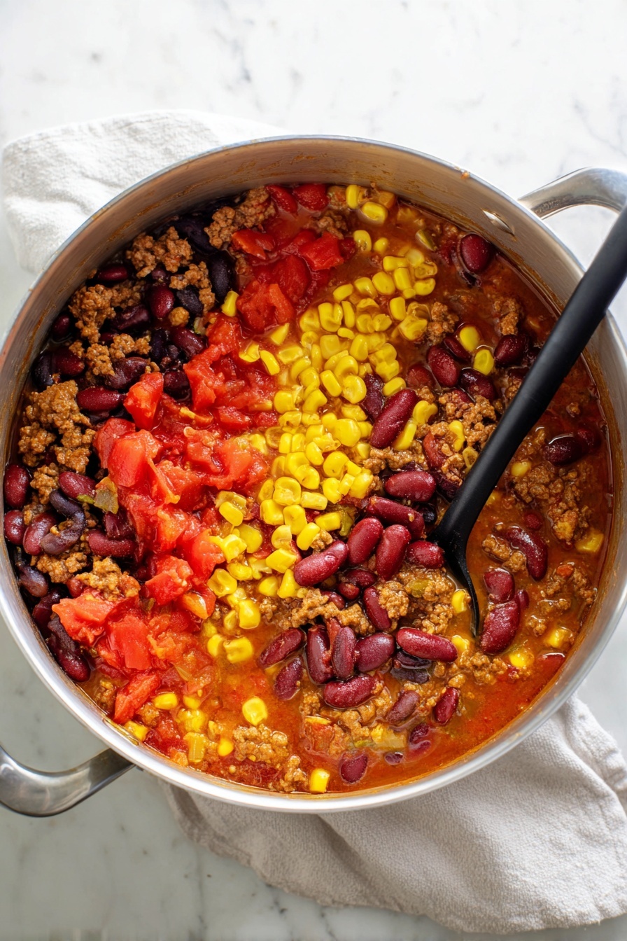 A large spoon holding a creamy soup full of colorful layers is lifted above a black pot. The soup has a thick light beige base with small chunks of bright yellow corn, black beans, red tomato pieces, crumbled light brown meat, and fresh green herbs. The background is a white marbled texture. photo taken with an iphone --ar 2:3 --v 7