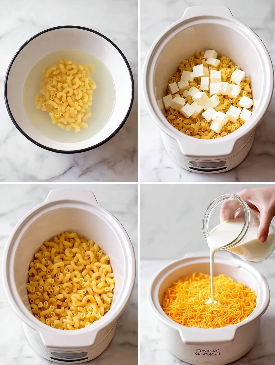 The image shows four steps of making a pasta dish. In the first step, yellow cooked spiral pasta sits in a white bowl on a white marbled surface. The second step shows the pasta in a white slow cooker with small white cubes of cheese scattered on top. The third step shows a woman's hand pouring white milk from a glass jar over the pasta inside the slow cooker. The fourth step shows the pasta in the slow cooker topped with two layers of orange cheese: cubed cheddar cheese on one side and shredded cheddar cheese on the other side. Photo taken with an iphone --ar 2:3 --v 7