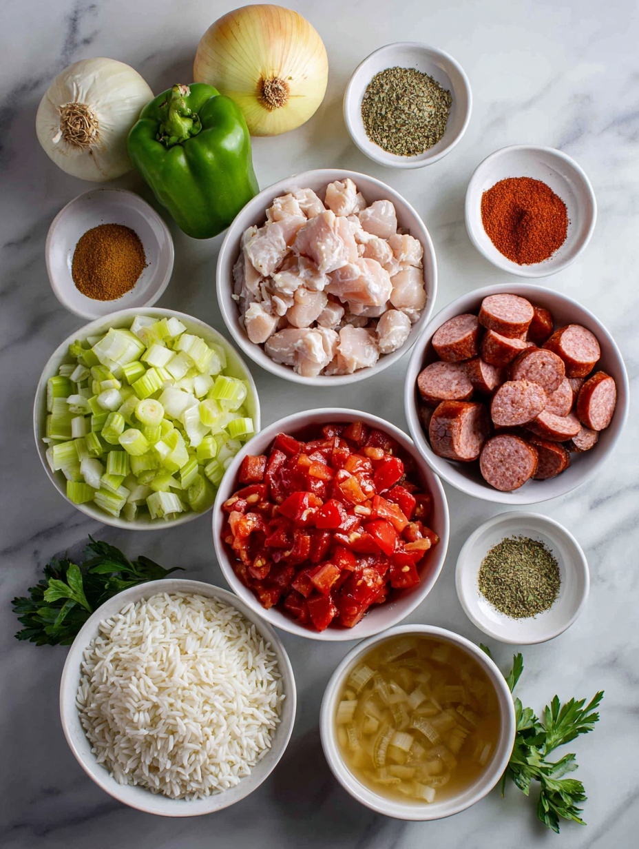 Flat lay of finely diced ribs of celery, a yellow onion quartered and diced, a green bell pepper cut into small cubes, two peeled cloves of garlic, sliced smoked sausage rounds, cubed boneless skinless chicken thighs, small white ceramic bowls holding dried oregano, dried thyme, smoked paprika, cayenne pepper, and freshly cracked black pepper, a simple white ceramic bowl filled with diced fresh tomatoes with juices, a small white ceramic bowl of chicken broth, a handful of chopped fresh parsley, a mound of uncooked long grain white rice, and sliced green onions arranged neatly on a clean white ceramic plate, all ingredients fresh and natural, perfectly balanced and symmetrical, no duplicates or packaging visible, placed on a clean white marble surface, soft natural light, photo taken with an iPhone, professional food photography style, fresh ingredients, white ceramic bowls, no bottles, no duplicates, no utensils, no packaging --ar 2:3 --v 7 --p m7354615311229779997