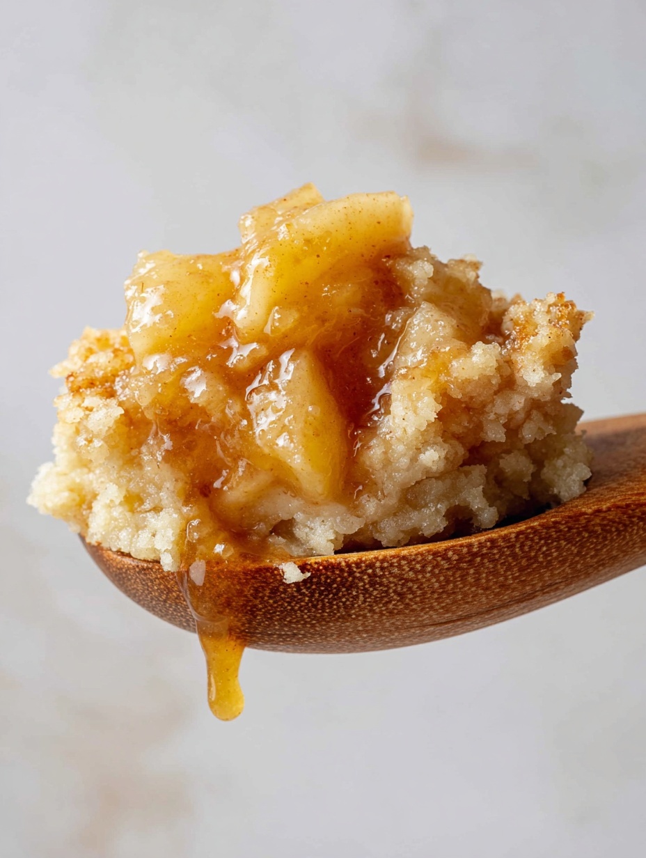 A close-up of a wooden spoon holding a portion of a warm dessert with three visible layers: a crumbly, golden-brown crust at the bottom, a soft, translucent, light peach-colored fruit filling in the middle, and a glossy, sticky caramelized topping with darker caramel patches on top. The background shows more of the dessert with the same layered texture in soft focus, set against a white marbled texture. Photo taken with an iphone --ar 2:3 --v 7