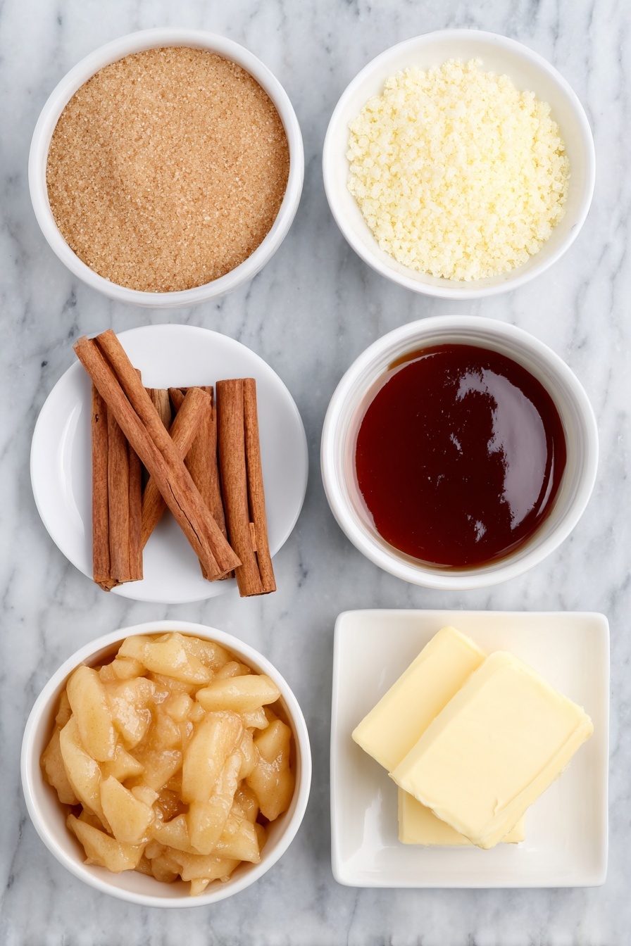 Flat lay of two small white ceramic bowls each filled with glossy fresh apple pie filling with visible apple slices and syrup, a medium white ceramic bowl of pale yellow gluten-free yellow cake mix powder, a small white ceramic bowl holding packed light brown sugar with a rich caramel color, a small white ceramic bowl containing warm golden melted unsalted butter, and a neat pile of ground cinnamon powder resting directly on the clean white marble surface—all arranged with perfect symmetry, balanced proportions, fresh ingredients, white ceramic bowls, no bottles, no duplicates, no utensils, no packaging placed on a clean white marble surface, soft natural light, photo taken with an iPhone, professional food photography style, fresh ingredients, white ceramic bowls, no bottles, no duplicates, no utensils, no packaging --ar 2:3 --v 7 --p m7354615311229779997