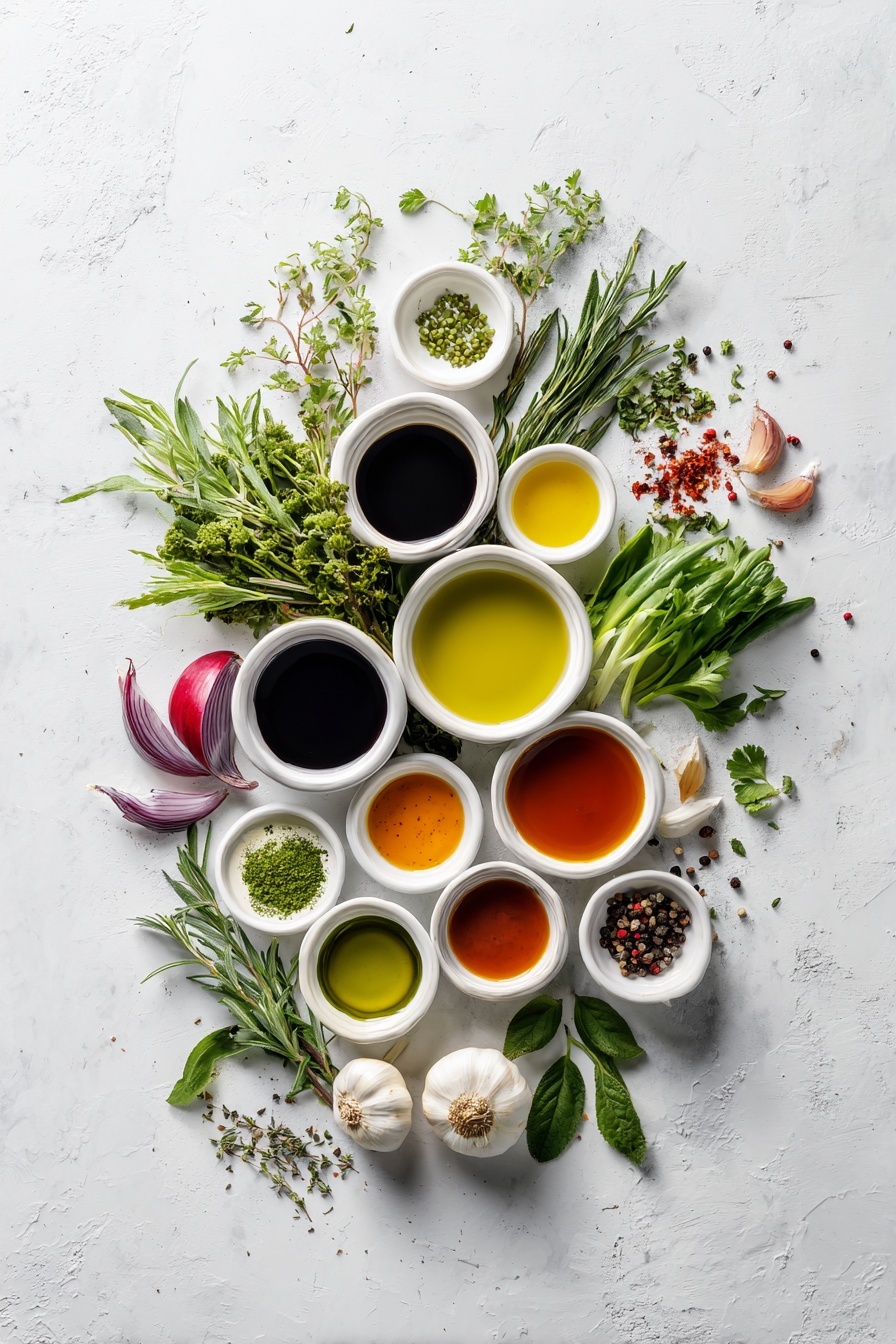 Flat lay of fresh boneless skinless chicken breasts cut into bite-sized pieces arranged neatly, two whole cloves of garlic with papery skins intact, a small piece of peeled fresh ginger root displaying its fibrous texture, a few bright green snow peas roughly chopped, four whole kaffir lime leaves vivid and glossy, two fresh lemongrass stalks bruised with pale green and white shades, a small bunch of chopped fresh cilantro with vibrant green leaves, a small white ceramic bowl filled with smooth creamy coconut milk, a small white ceramic bowl containing deep red Thai red curry paste, a small white ceramic bowl holding golden olive oil, a small white ceramic bowl of clear low sodium chicken broth, a small white ceramic bowl with fine granulated white sugar, and two clean uncracked brown eggs arranged for color and balance — all ingredients placed on a clean white marble surface, soft natural light, photo taken with an iPhone, professional food photography style, fresh ingredients, white ceramic bowls, no bottles, no duplicates, no utensils, no packaging --ar 2:3 --v 7 --p m7354615311229779997