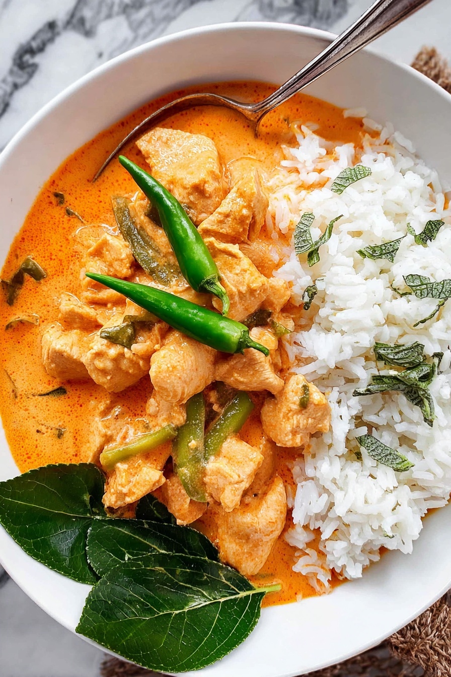 The image shows a white bowl filled with two main layers. On the left side is a thick orange curry sauce with pieces of light orange chicken and green vegetables inside. The chicken pieces look soft and coated with the sauce. The curry is sprinkled with small bits of green herbs. On the right side, there is a white rice layer with visible separated grains, topped with two whole green chili peppers and small green herb pieces. On the bottom right edge of the bowl, there are two dark green leaves placed on top of the curry. A shiny fork is placed on the top right side of the bowl. The bowl sits on a white marbled surface. Photo taken with an iphone --ar 2:3 --v 7