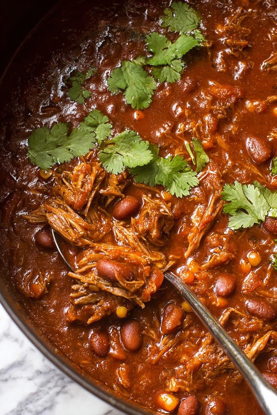 This image shows a thick stew consisting of shredded brown meat mixed with small, round red beans, all covered in a rich, deep reddish-brown sauce. The stew looks hearty and textured, with visible strands of meat and chunks of beans spread throughout. A large silver ladle, partially submerged on the right side, holds a scoop of the stew with a few sprigs of bright green cilantro placed on top for garnish. The stew fills the whole scene, with the white marbled background barely visible around the edges. photo taken with an iphone --ar 2:3 --v 7