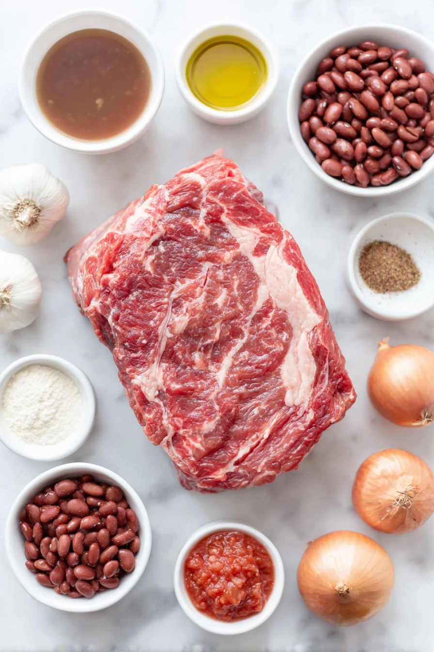 Flat lay of a large piece of raw beef chuck roast with rich red marbling, a few cloves of fresh whole garlic, three whole uncracked brown onions (one brown, one yellow, one white), a bright red bell pepper with seeds removed and diced pieces beside it, small white ceramic bowls each containing golden olive oil, deep red crushed tomatoes, thick red tomato paste, a small bowl of amber beef broth, a small bowl of dried cumin powder, a small bowl of smoked paprika powder, a small bowl of onion powder, a small bowl of garlic powder, a small bowl of dried oregano, a small bowl of cayenne pepper powder, fresh coarse salt crystals in a small white bowl, whole black peppercorns in a small white bowl, a small bowl of pale white cornflour, and a small bowl of drained red kidney beans, all meticulously arranged with perfect symmetry and balanced proportions, placed on a clean white marble surface, soft natural light, photo taken with an iPhone, professional food photography style, fresh ingredients, white ceramic bowls, no bottles, no duplicates, no utensils, no packaging --ar 2:3 --v 7 --p m7354615311229779997