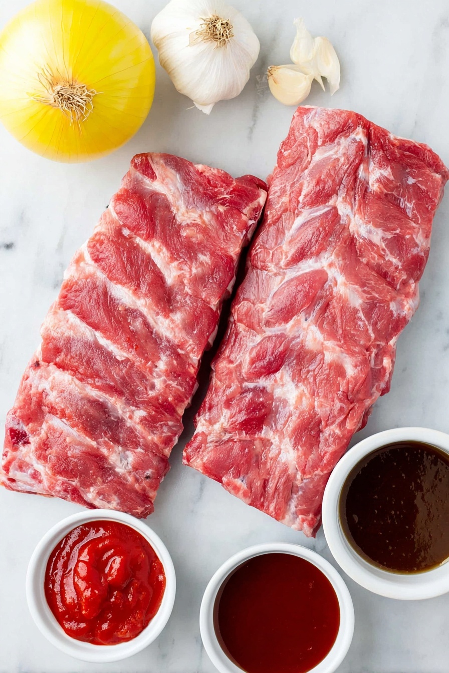 Flat lay of two fresh racks of baby back ribs with visible marbling, a whole white onion with intact papery skin, four unpeeled garlic cloves, a small white ceramic bowl of clear water, a small white bowl filled with deep red ketchup, a small white bowl of glossy chili sauce with a vibrant reddish-brown hue, and a small white bowl of thick, shiny barbecue sauce with a rich mahogany color, all arranged symmetrically on a clean white marble surface, soft natural light, photo taken with an iPhone, professional food photography style, fresh ingredients, white ceramic bowls, no bottles, no duplicates, no utensils, no packaging --ar 2:3 --v 7 --p m7354615311229779997