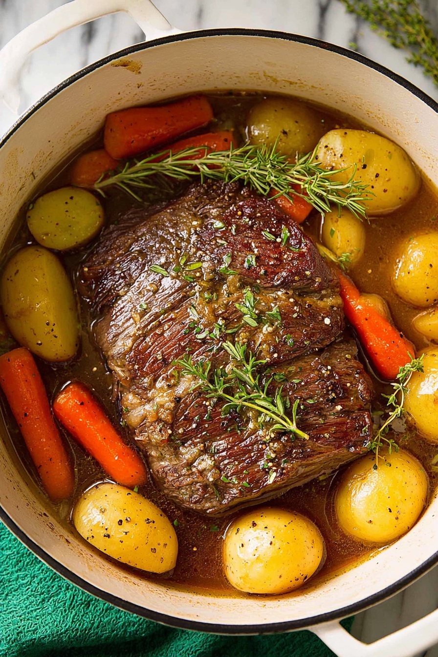 The image shows a white round pot filled with a cooked meat roast placed in the center, dark brown with a glazed texture and herbs on top. Around the roast are several light yellow potato halves and bright orange carrot chunks, all cooked and shiny from the broth. The broth is a rich brown color that partially covers the ingredients. Sprigs of fresh green rosemary and thyme lie on and around the meat, adding detail. The pot has red handles, and it sits on a white marbled surface with a green cloth background. Photo taken with an iphone --ar 2:3 --v 7